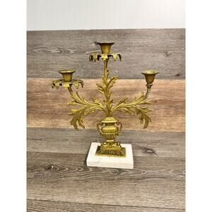 VTG Harvin Virginia Metalcrafters Brass 3 Arm Candelabra with Marble Base 14x12”
